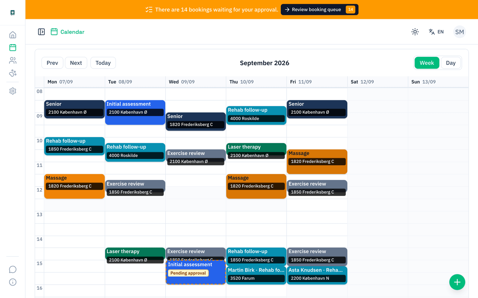PawNote's calendar with online bookings and practice-created appointments
