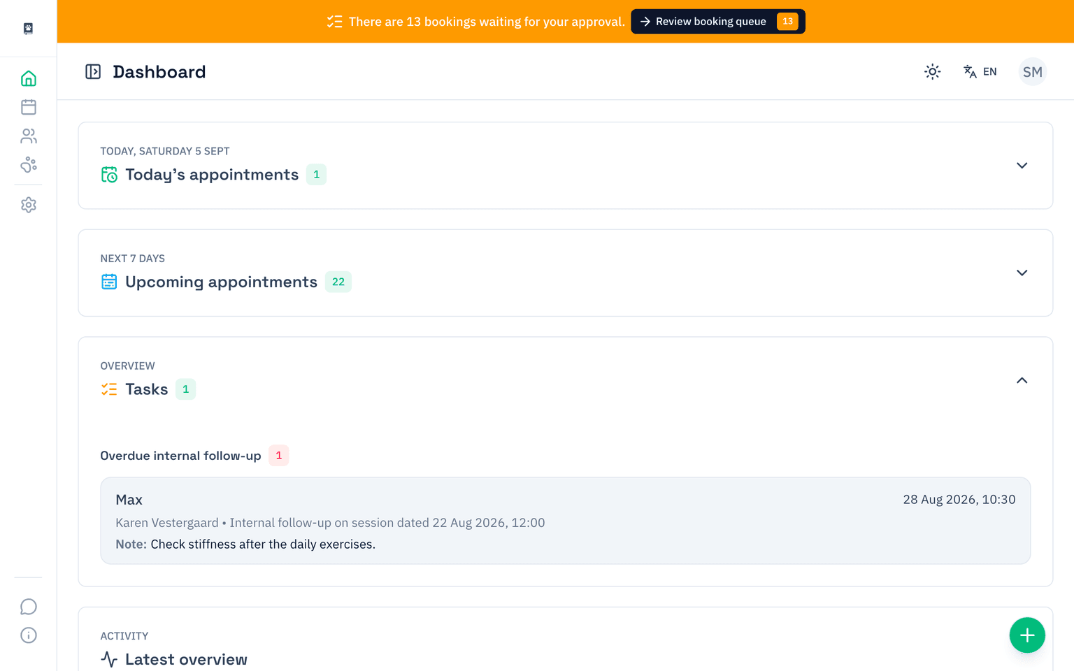 The PawNote dashboard with today's appointment, upcoming appointments, and a follow-up