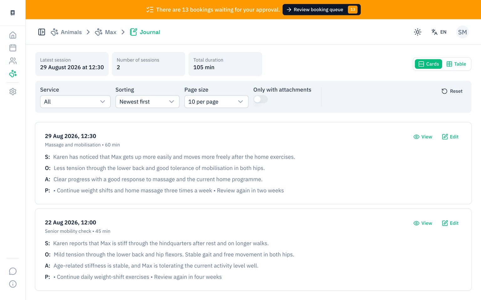 An animal record in PawNote with treatment history and structured notes